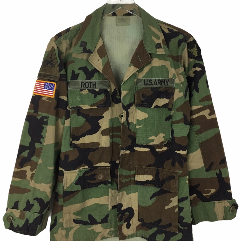 US Army Camo Jacket Flag Old Ironsides Patches M